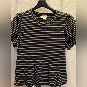 Maeve Black and White Striped Short Sleeve peplum Top